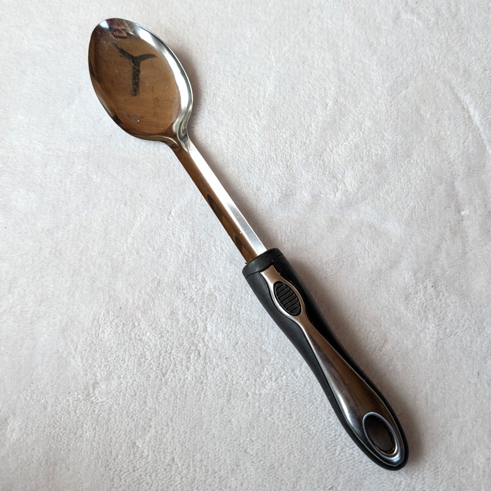 Stainless Steel Serving Spoon Black Ergonomic Handle 12.5 Inch Solid Utensil